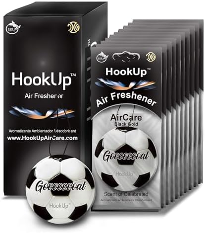 Soccer Car Air Freshener by HookUp - 10 Pack - Black Gold Scent (Extra Strong) | Unique Soccer Gift for Players, Coach, Fans | Hanging Car Accessory with Long Lasting Fresheners Smell by HookUpAirCare