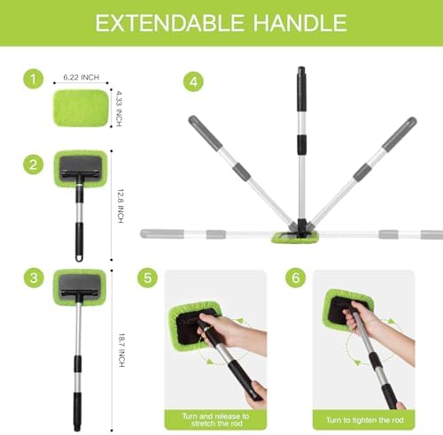 Qydipclin 11pcs Windshield Cleaner Tool, Car Window Cleaning Wash Kit with 6 Reusable Microfiber Pads 2 Spray Bottles and Extendable Handles Auto Glass Wiper Kit, Green - Image 5