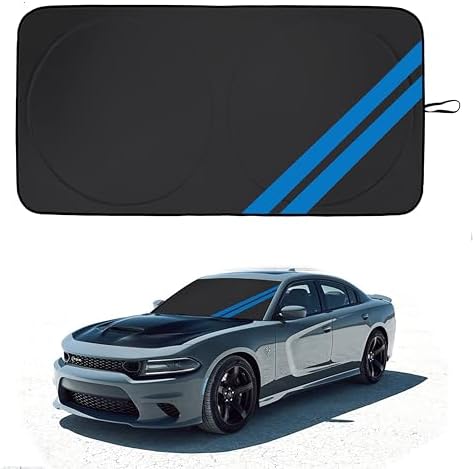Front Windshield Sun Shade Fit for Dodge Charger Challenger Durango Journey Universal Fit to All Dodge Cars Foldable Sun Visor Protector Custom Fit Dodge Window Sunhade (Black Blue) by YOSRTER