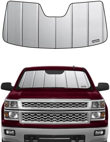 Windshield Sun Shade for Chevy Silverado GMC Sierra 1500 2014-2018, 2500/3500HD 2015-2019 & Silverado LD Sierra Limited 2019, Fits Models Without Lane Departure Warning, Premium Grey Leather Finish by Pigenius