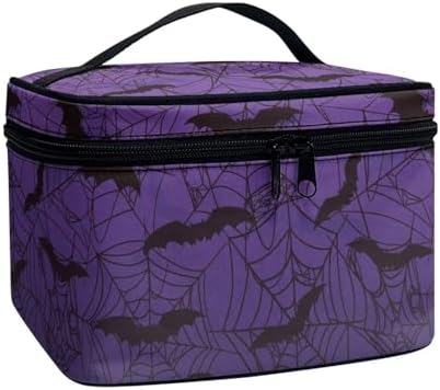 Purple Makeup Bag for Women Large Capacity Travel Makeup Bag with Handle Spider Web Bat Print Toiletry Bags for Travel Holiday Halloween Party by Unknown
