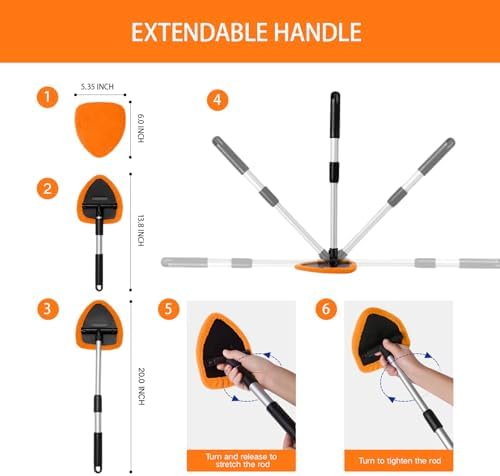 Qydipclin 7pcs Windshield Cleaner Tool Car Window Cleaning Wash Kit with 4 Reusable Microfiber Pads 1 Spray Bottle and Extendable Handle Auto Glass Wiper Kit, Orange - Image 4