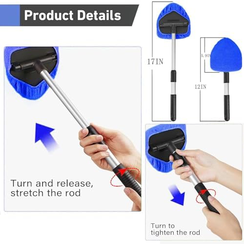 desin Windshield Cleaning Tool, Car Window Cleaner Windshield Cleaner with 4 Reusable and Washable Microfiber Pads and Extendable Handle Auto Inside Glass Wiper Kit (Dark Blue) - Image 2