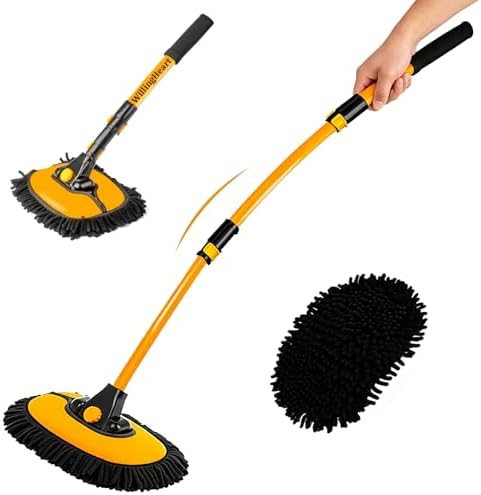 WillingHeart 15° Curved Car Wash Brush with Long Handle 43" Extension Pole RV Truck Microfiber Cleaning Mop Auto SUV Wheel Boat Exterior Interior Detailing 2 in 1 Carwash Duster Not Hurt Paint, Yellow by WillingHeart