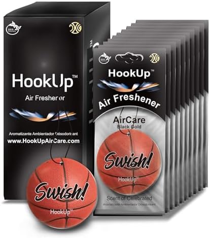 Basketball Car Air Freshener by HookUp - 10 Pack - Black Gold Scent (Extra Strong) | Unique Basketball Gift for Players, Coach, Fans | Hanging Car Accessory with Long Lasting Fresheners Smell by HookUpAirCare