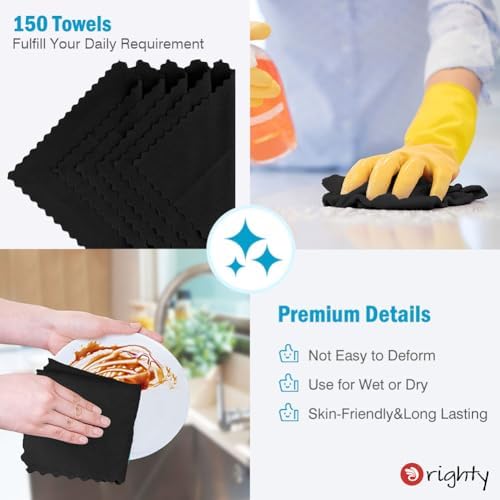 Orighty Microfiber Cleaning Cloth Bulk, 150 Pack Shop Towels 12x12in, Black - Image 5