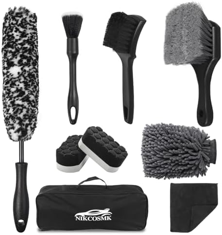 9Pcs Car Wheel & Tire Brush Kit, Wheel Cleaner Brush, Soft-bristled Rim Brush, Tire Shine Applicator Pad, Car Wash Mitt, Towel, Car Detailing Cleaning Wash Brush Supplies Kit by NIKCOSMK