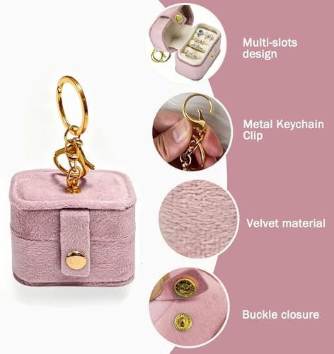 Mini Velvet Ring Box with Keychain Clip, Travel Jewelry Organizer Ring Earrings Storage Box for Proposal Engagement Wedding Ceremony Party, Pet Ring Bearer Accessory, Pink - Image 3