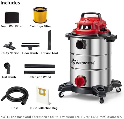 Vacmaster VOC812SF 1101 8-Gal 6 Peak HP Stainless Steel Wet/Dry Vac Red - Image 2