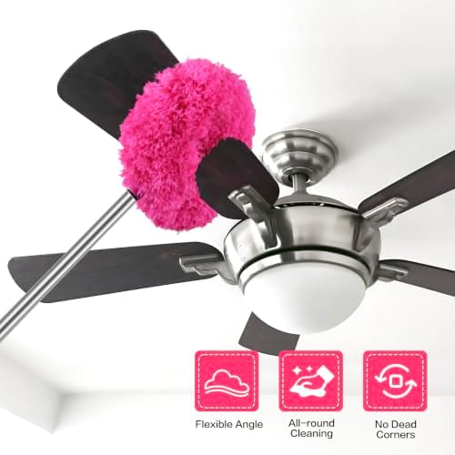 Ceiling Fan Cleaner Duster Reusable Microfiber Ceiling Fan Blade Cleaner Removable Duster with Extension Pole Adjusts 13 to 49.7 Inch for Cleaning Walls Bookshelves Furniture Door Window Top (Rosy) - Image 2