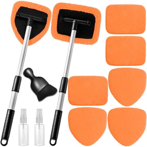 Qydipclin 11pcs Windshield Cleaner Tool, Car Window Cleaning Wash Kit with 6 Reusable Microfiber Pads 2 Spray Bottles and Extendable Handles Auto Glass Wiper Kit, Orange by Qydipclin