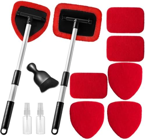 Qydipclin 11pcs Windshield Cleaner Tool, Car Window Cleaning Wash Kit with 6 Reusable Microfiber Pads 2 Spray Bottles and Extendable Handles Auto Glass Wiper Kit, Red by Qydipclin