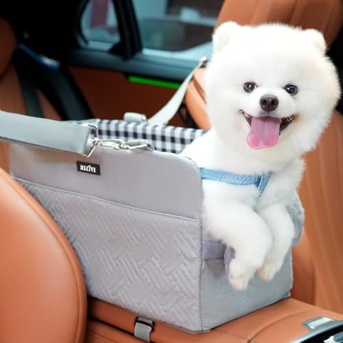 Console Dog Car Seat for Small Dogs Cats Up to 11lbs, Anti-Collapse Pet Armrest Booster Seat with Soft Pillow,Non-Slip Seat Rails Hooks & Safety Belt, Portable Car Accessories for Pets Travel by Becivi