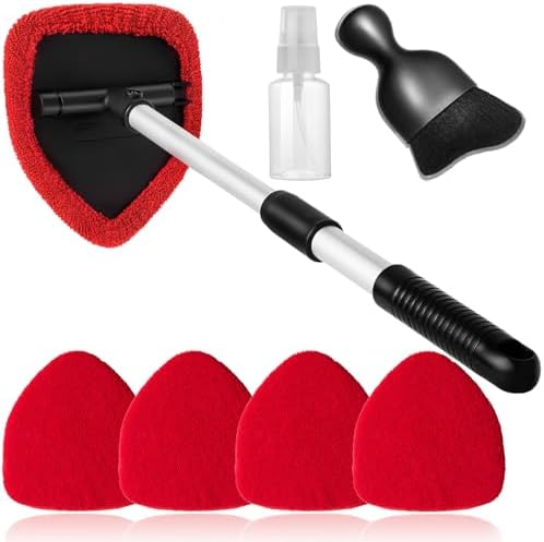 Qydipclin 7pcs Windshield Cleaner Tool Car Window Cleaning Wash Kit with 4 Reusable Microfiber Pads 1 Spray Bottle and Extendable Handle Auto Glass Wiper Kit, Red by Qydipclin