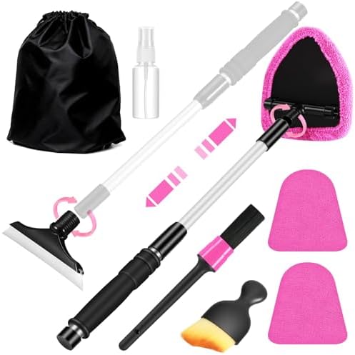 Pink Windshield Cleaner Tool, Car Interior Cleaning Kit with Extendable Handle and 3 Reusable Microfiber Pads, Auto Glass Wiper and Detailing Brush Kit for Car & Home Window by Vioview