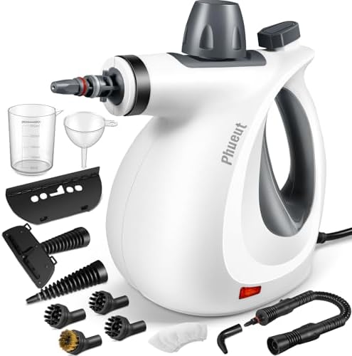 Phueut Pressurized Handheld Multi-Surface Natural Steam Cleaner with 12 pcs Accessories, Multi-Purpose Steamer for Home Use, Steamer for Cleaning Floor, Upholstery, Grout and Car (Grey) by Phueut