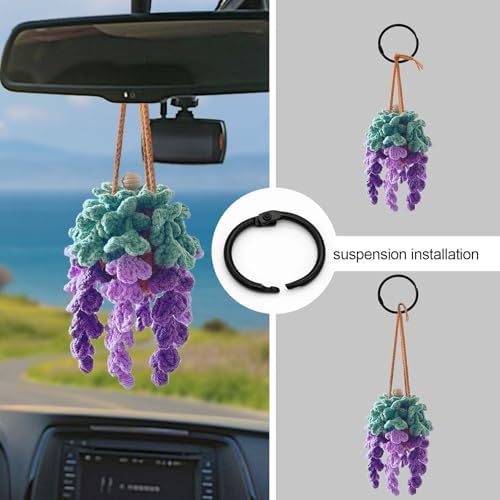 Crochet Car Air Freshener, Empty Refillable Oil Diffuser Bottle with Hanging Crochet Plant for Car Rearview Mirror Decor, Handmade Home and Office Decor (Wisteria) - Image 5