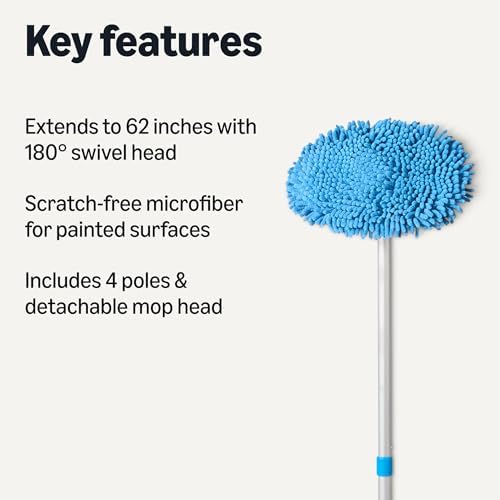 Amazon Basics Car Wash Brush with Long Handle, Scratch-Free Microfiber Mop Mitt, Swivel Head, Detachable Head, Extends to 62 inches with 4 Poles, for Car RV Truck, Blue - Image 2
