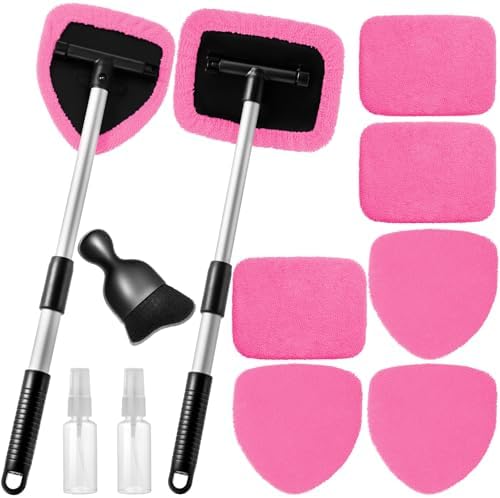 Qydipclin 11pcs Windshield Cleaner Tool, Car Window Cleaning Wash Kit with 6 Reusable Microfiber Pads 2 Spray Bottles and Extendable Handles Auto Glass Wiper Kit, Pink by Qydipclin