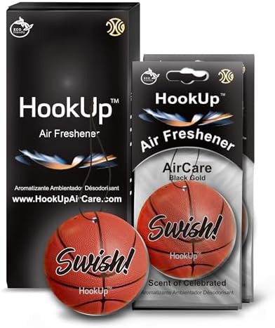 Basketball Car Air Freshener by HookUp - 2 Pack - Black Gold Scent (Extra Strong) | Unique Basketball Gift for Players, Coach, Fans | Hanging Car Accessory with Long Lasting Fresheners Smell by HookUpAirCare