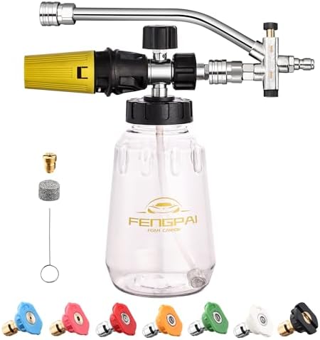 FENG PAI Foam Cannon for Pressure Washer with Dual-Connector Accessory, 7 Power Washer Sprayer Nozzles, 1/4" Quick Connect Double Tip Attachment Soap Bottle Sprayer Soap, 3600 PSI (Clear) by FENGPAI