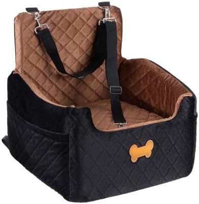 Dog Car Seat for Small Dogs, Dog Booster Seat Filling in Thick Memory Foam with 2 Safety Leashes and Storage Pocket, Suitable for Pet Under 30lb or 2 Puppies (Brown/Black) by Unknown