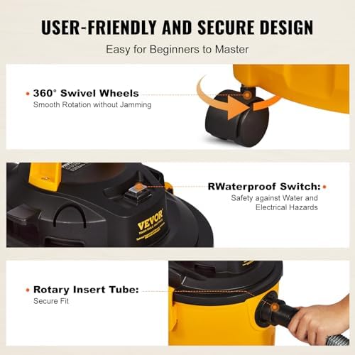 VEVOR 5 Gallon 6.0 Peak HP Wet and Dry Shop Vac， Portable Shop Vacuum and Blower 3-in-1 with Filter, Hose and Attachments for Home and Car Cleaning Black/Yellow - Image 5