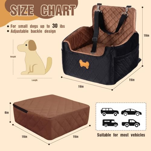 Dog Car Seat for Small Dogs, Dog Booster Seat Filling in Thick Memory Foam with 2 Safety Leashes and Storage Pocket, Suitable for Pet Under 30lb or 2 Puppies (Brown/Black) - Image 4