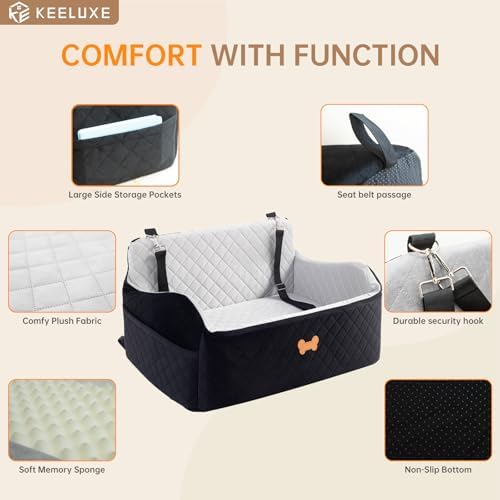 Car Seat for Large Size Dog, Booster Seat for Dogs Under 55 lbs or 2 Small Dogs, Soft Car Dog Bed Filling in Thick Memory Foam with 2 Safety Leashes and Storage Pocket (Grey/Black) - Image 5