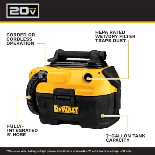 DEWALT 20V MAX Shop Vacuum Wet and Dry, Shop Vac 2 Gallon, Cordless and Corded Wet Dry Vacuum Cleaner, Wide Nozzle, Hepa Filter, Tool Only (DCV581H) - Image 2