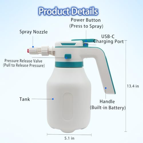 Electric Foam Sprayer for Car Wash, 2L Rechargeable Battery-Powered Foam Cannon with 3500mAh Large Capacity Battery & Battery Level Display, Type-C Charging with English Manual - Image 6
