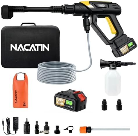 Cordless Portable Washer, 1000PSI Brushless Washer for Car Washing, Patio, Fence, Driveway, Outdoor Cleaning, with 1 Battery, 6 in 1 Nozzle, 6 Meter Hose, Tap Adapter by NACATIN