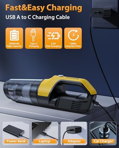 Handheld Vacuum Cordless 1.1 Pounds Car Vac 10000PA Hand Held Vacuums 4-in-1 Hand Vac Cordless Rechargeable HEPA Filter Large Capacity Dust Cup for Car Office Home Pets Hair (Yellow) - Image 6