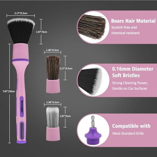 YeewayVeh 3PCS Car Detailing Drill Brush Set, Mixed Detail Brushes, Pink - Image 6