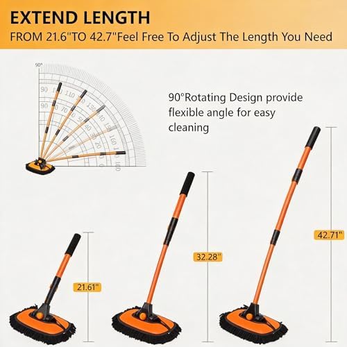 43'' Car Wash Brush with Long Handle Chenille Microfiber Car Wash Kit Mitt Retractable Bent Pole Car Wash Mop for Cars RV Truck Boat (Orange-1) - Image 2