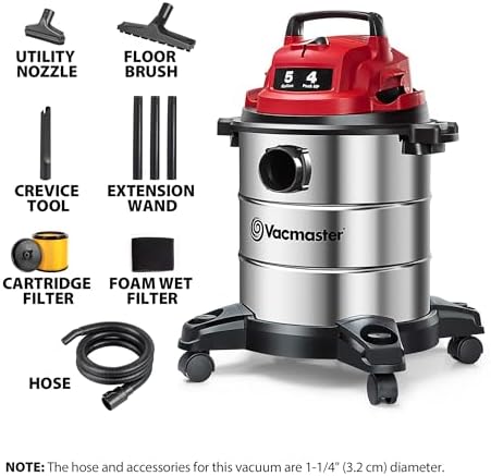 Vacmaster VOC508S 1101 5-Gal 4 Peak HP Stainless Steel Wet/Dry Vac Red - Image 2