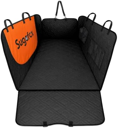 SugarFox Dog Car Seat Cover for Back Seat - Upgraded PU Leather Dog Hammock, 400lbs Hard Bottom Backseat Pet Cover, Waterproof Anti-Scratch + Pet Safety Belt (BLACK-60“x20”) by SugarFox