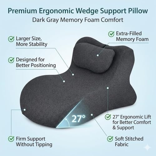 Couples Pillow 27° Ergonomic Wedge Cushion for Intimate Comfort, Rebound Memory Foam Support for Hip, Back & Neck, Bed Reading, Relaxation - Image 3