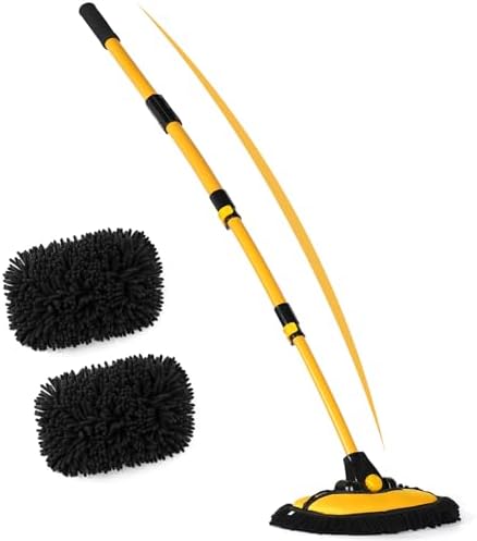 anngrowy 56.7" Car Wash Brush Mop Kit Mitt Sponge with Long Handle Car Cleaning Supplies Kit Tools Car Washing Duster Exterior Scratch Free, Chenille Replacement Head Extension Pole by anngrowy