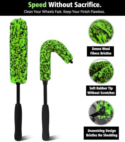 YeewayVeh 3PCS Quick Car Wheel Brush Kit, 360° Bendable Rim Cleaner, Green - Image 4
