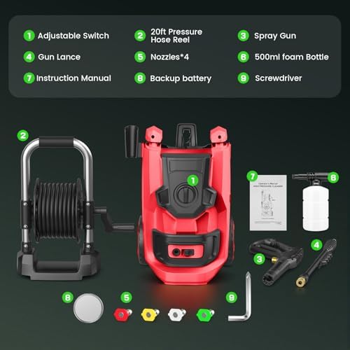 Electirc Pressure Washer with 3 Levels Adjustable Pressure Gun, Portable Pull-Handle, 4 Nozzles and Foam Cannon, Heavy Duty Pressure Washer for Home/Car/Fence/Garden, Red - Image 4