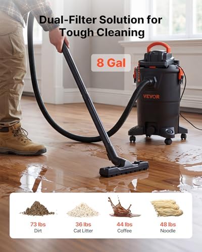 VEVOR 3-in-1 Shop Vac, 8 Gallon Wet Dry Shop Vacuum, 4.5 Peak HP Portable Vacuum Cleaner with Blower, Dual-Filter, 950W Input Power, 1.25in x 7ft Hose, 9.8ft Cord for Jobsite, Workshop, Garage, Home - Image 6