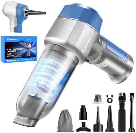 SakerPlus Mini Vacuum Cleaner, 3 in 1 Car Vacuum Cleaner High Power, 15000PA Powerful Suction, Air Duster, 7500mAh, Adjustable Small Vaccum Portable Cordless for Cars,Desktop,Home- Light Blue by SakerPlus