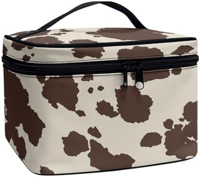 Brown Cow Print Makeup Bag for Women Lightweight Travel Makeup Bag With Handle Womens Cosmetic Makeup Organizer Vanity Case for Holiday Trip by Unknown