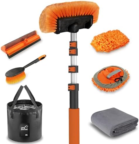 LAANPOLE 16FT Car Wash Brush with Long Handle, Car Cleaning Kit with Soft Bristle Wash Brush, Microfiber Cleaning Mop, Window Squeegee, Mitt, Wheel Brush, Bucket, Drying Towel for RV, Truck, Boat by LAANPOLE