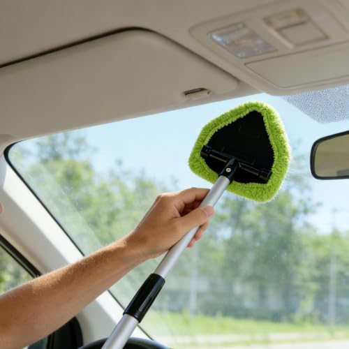 Microfiber Car Windshield Cleaning Tool with Extendable Handle,Car Defogging Glass Cleaning Brush with 4 Reusable Microfiber Pads 1 Spray Bottle and 1 Car Dust Removal Brush. (Green) - Image 7
