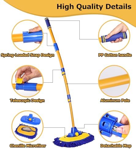 anngrowy 56.7" Car Wash Brush Mop Kit Mitt Sponge with Long Handle Car Cleaning Supplies Kit Tools Car Washing Duster Exterior Scratch Free, Chenille Replacement Head Extension Pole - Image 7