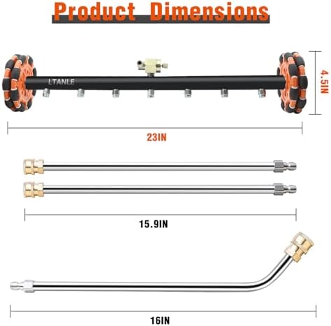 2-in-1 Can Move Horizontally Pressure Washer Undercarriage Cleaner Water Broom，23" Surface Cleaner Power Washer Attachment with 7 Nozzles 3 Extension Rods andSpare Wheel，4000 PSI - Image 6