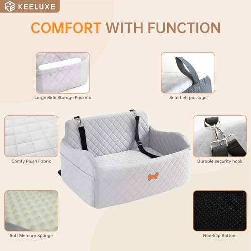 Car Seat for Large Size Dog, Booster Seat for Dogs Under 55 lbs or 2 Small Dogs, Soft Car Dog Bed Filling in Thick Memory Foam with 2 Safety Leashes and Storage Pocket (Grey) - Image 5