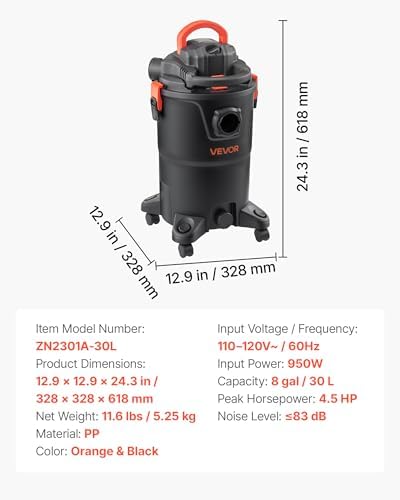 VEVOR 3-in-1 Shop Vac, 8 Gallon Wet Dry Shop Vacuum, 4.5 Peak HP Portable Vacuum Cleaner with Blower, Dual-Filter, 950W Input Power, 1.25in x 7ft Hose, 9.8ft Cord for Jobsite, Workshop, Garage, Home - Image 7